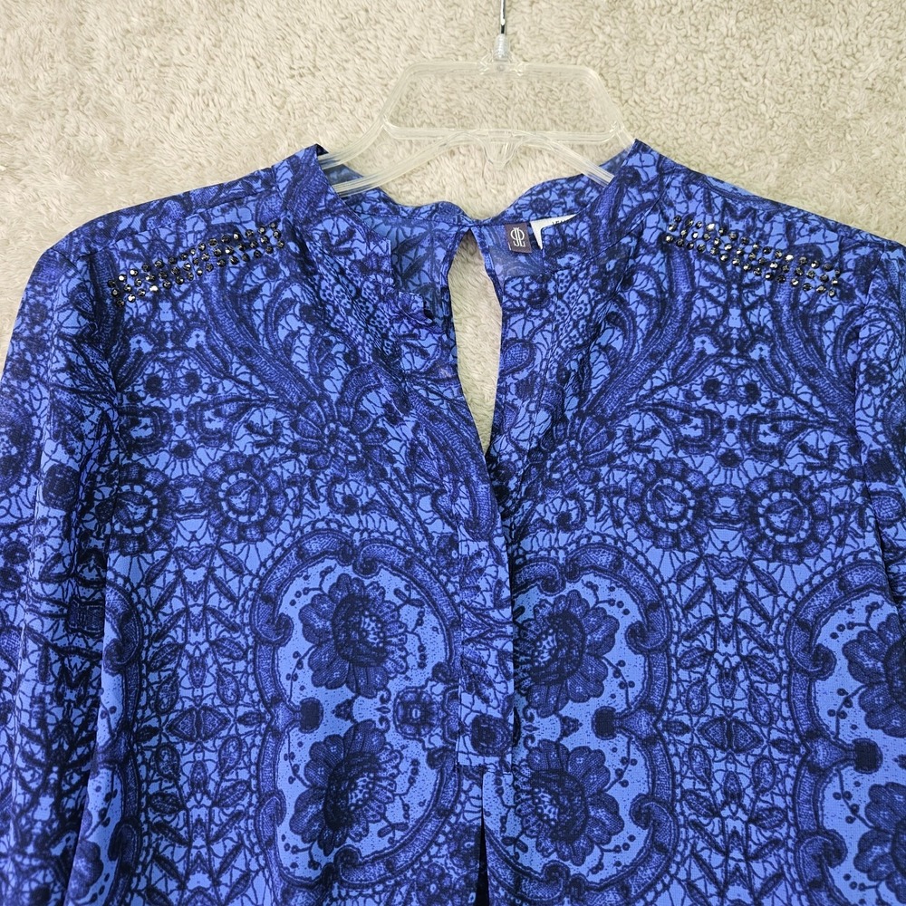 Jlo Jennifer Lopez Blue Chiffon Sheer Top Small Flowy Popover High Low Blouse - Picture 4 of 11